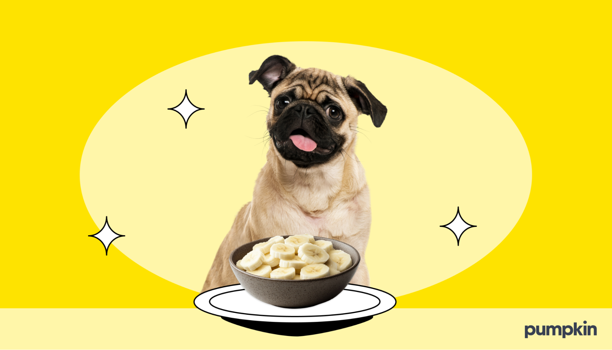 A dog with a bowl of sliced banana