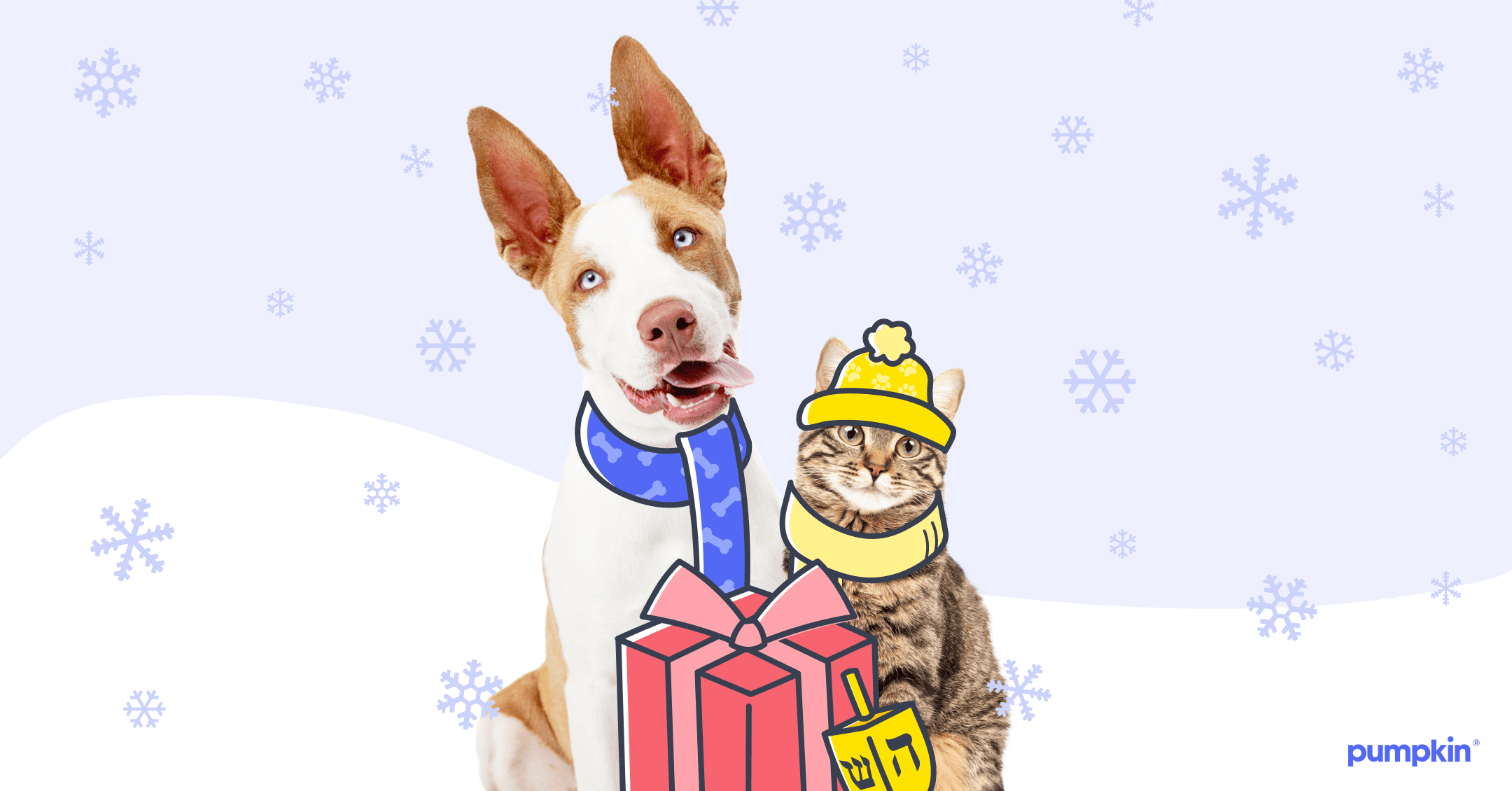 Illustration of mixed breed dog and tabby cat dressed up for a winter holiday