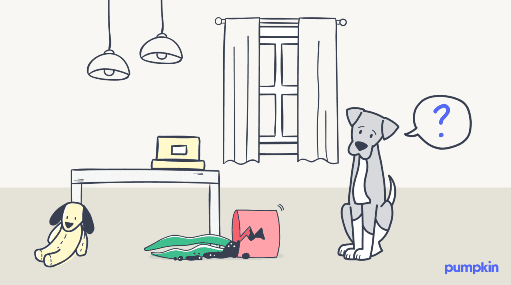 Illustration of a dog sitting on a living room carpet looking puzzled at a broken plant pot.