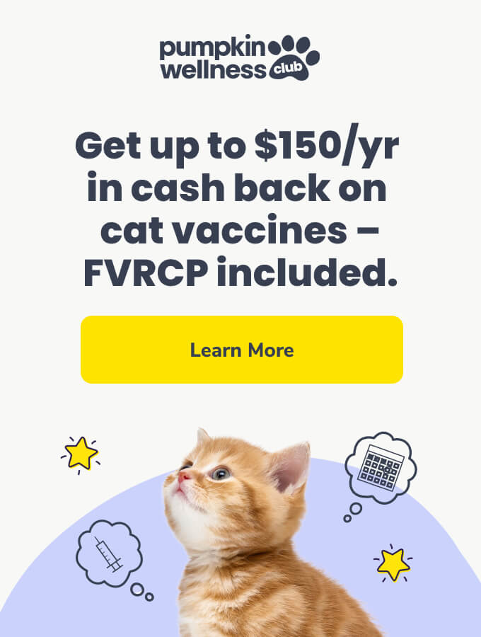 Get up to $150/yr in cash back on cat vaccines — FVRCP included. Click the image to learn more about Pumpkin Wellness Club.