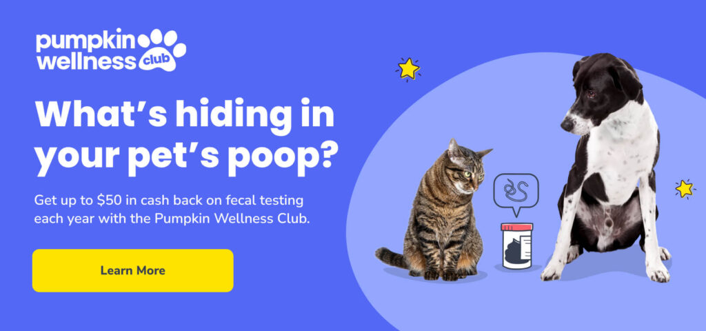 What's hiding in your pet's poop? Get up to $50 in cash back on fecal testing each year with the Pumpkin Wellness Club — click the image to learn more.