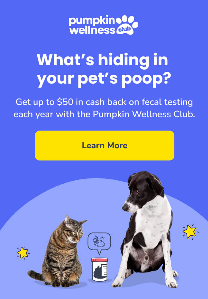 What's hiding in your pet's poop? Get up to $50 in cash back on fecal testing each year with the Pumpkin Wellness Club — click the image to learn more.