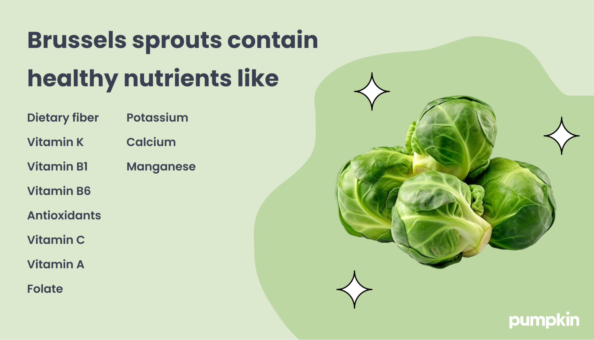 Infographic listing the vitamins and minerals in Brussels sprouts; title reads 'Brussels sprouts contain healthy nutrients like'