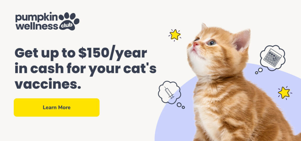 Get up to $150/yr in cash for your cat's vaccines. Click the image to learn more about Pumpkin Wellness Club.