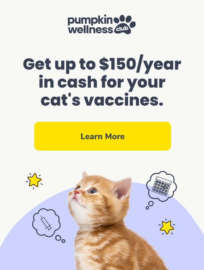 Get up to $150/yr in cash for your cat's vaccines. Click the image to learn more about Pumpkin Wellness Club.