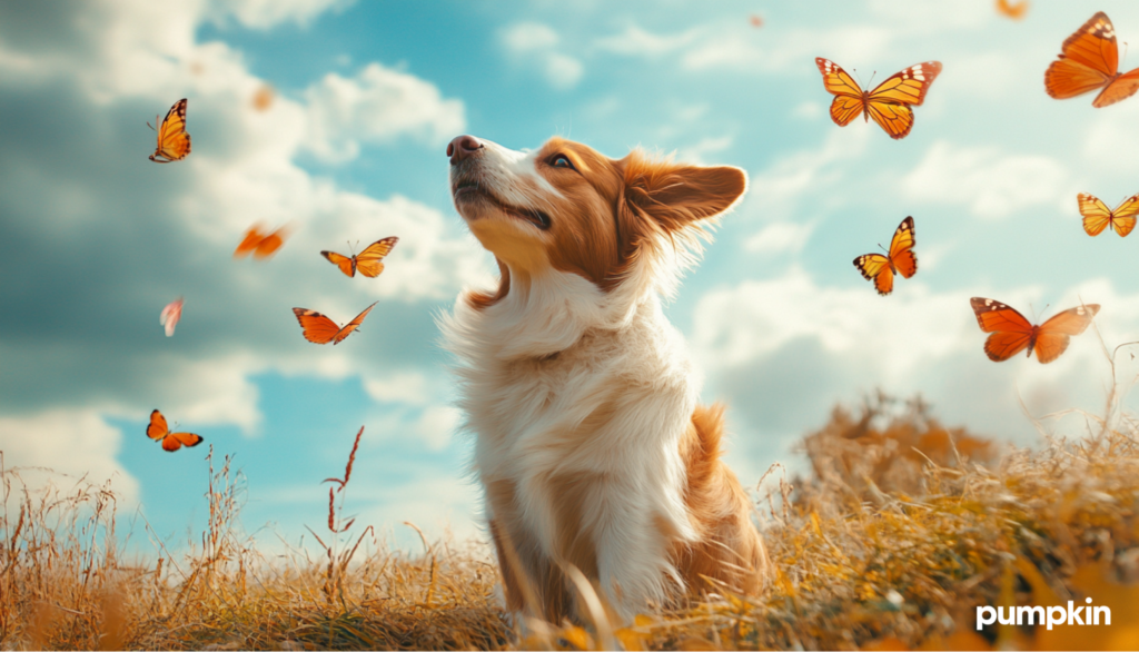 Papillon dog in a field chasing butterflies