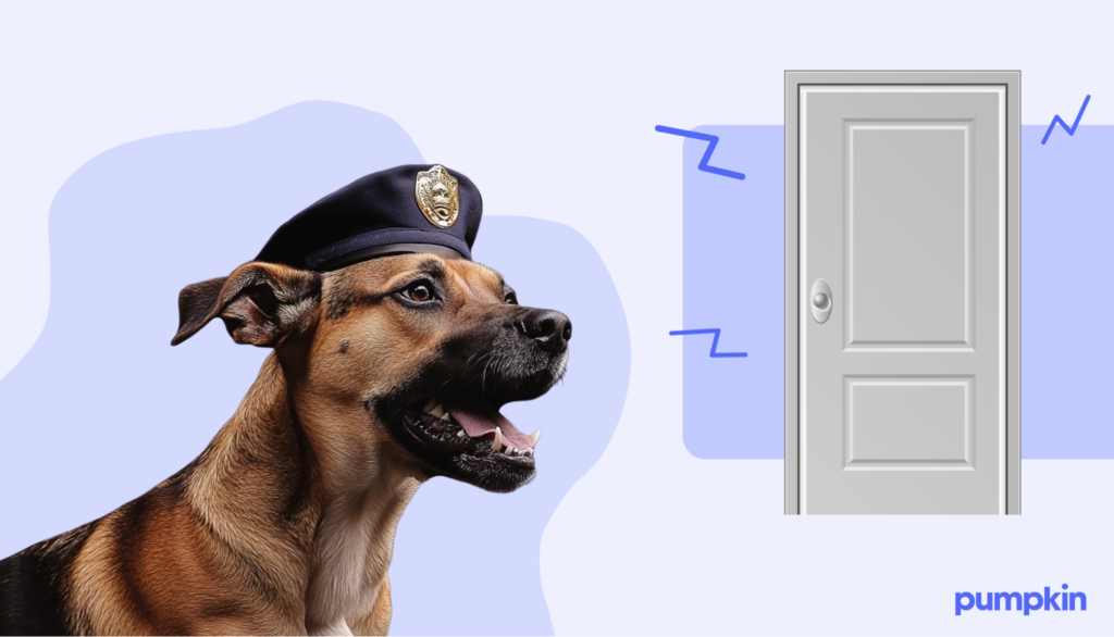 Dog with a police hat howling at the door to its house