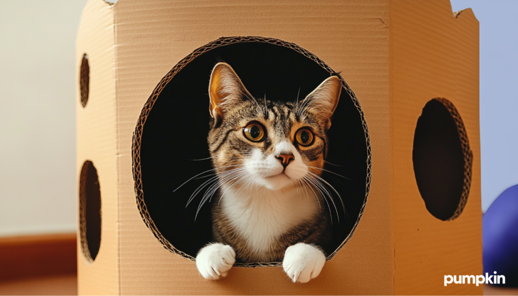 Cat inside a cardboard cat castle