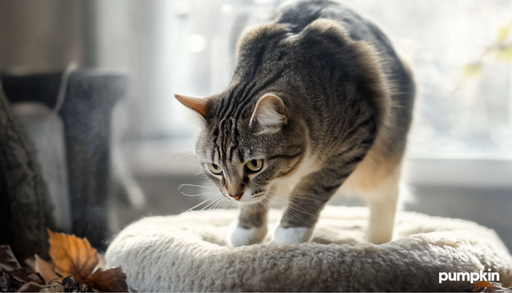 A cat kneading on a pillow