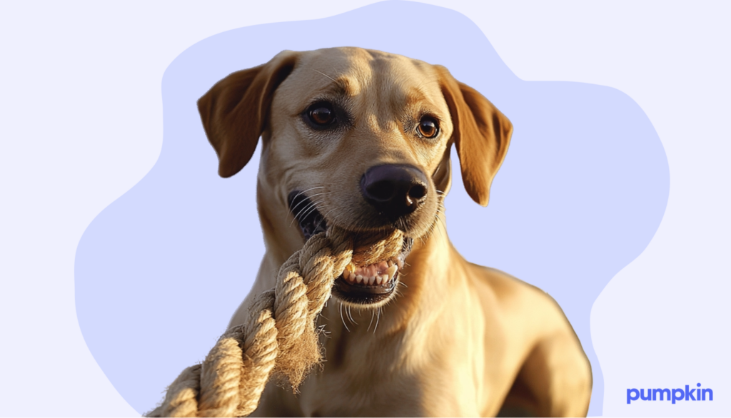 A dog playing with a rope outdoors