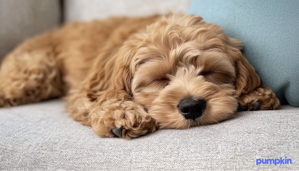 a sleeping Cavapoo napping on the sofa