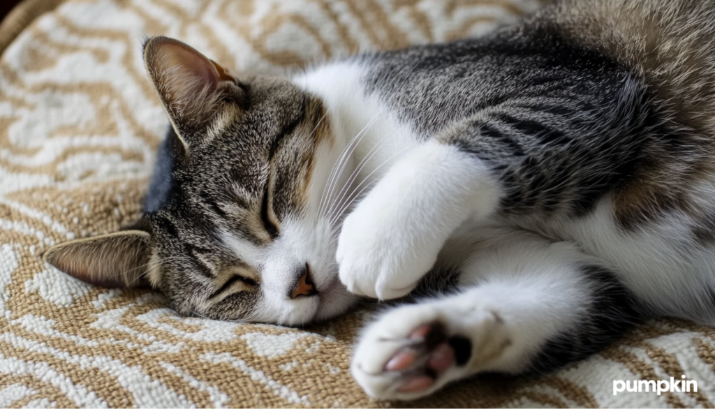 a cat sleeping on a blanket