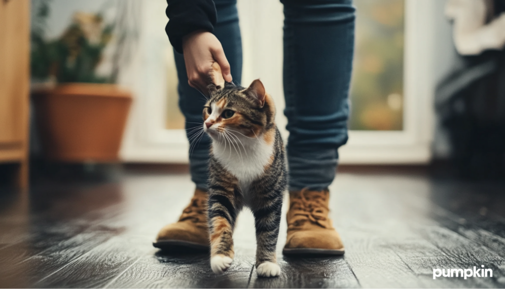 Cat walking between human legs