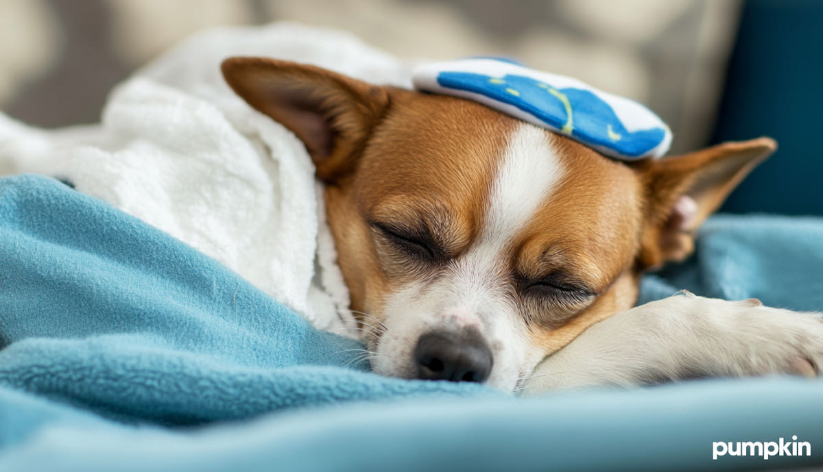 a sick dog lying on a blanket with a heating pad on their head