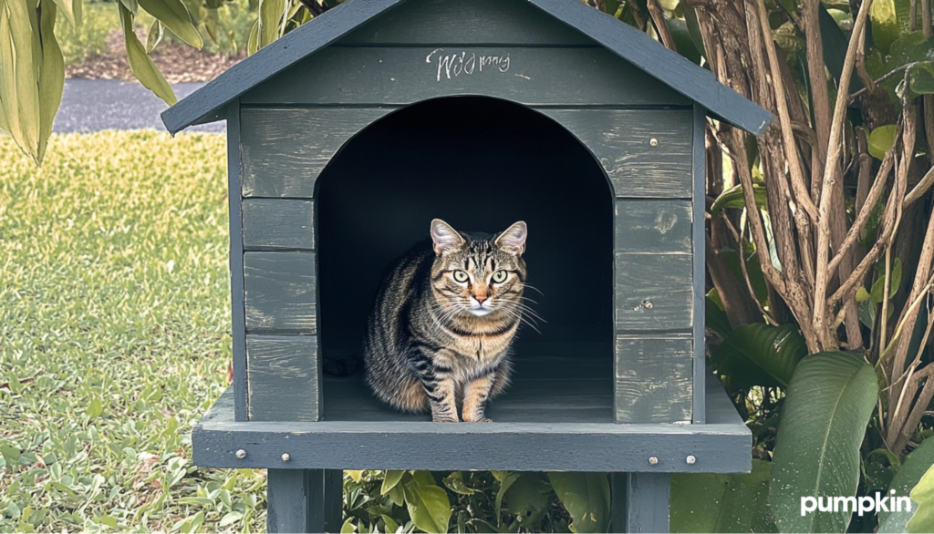 A cat inside an outdoor cat shelter