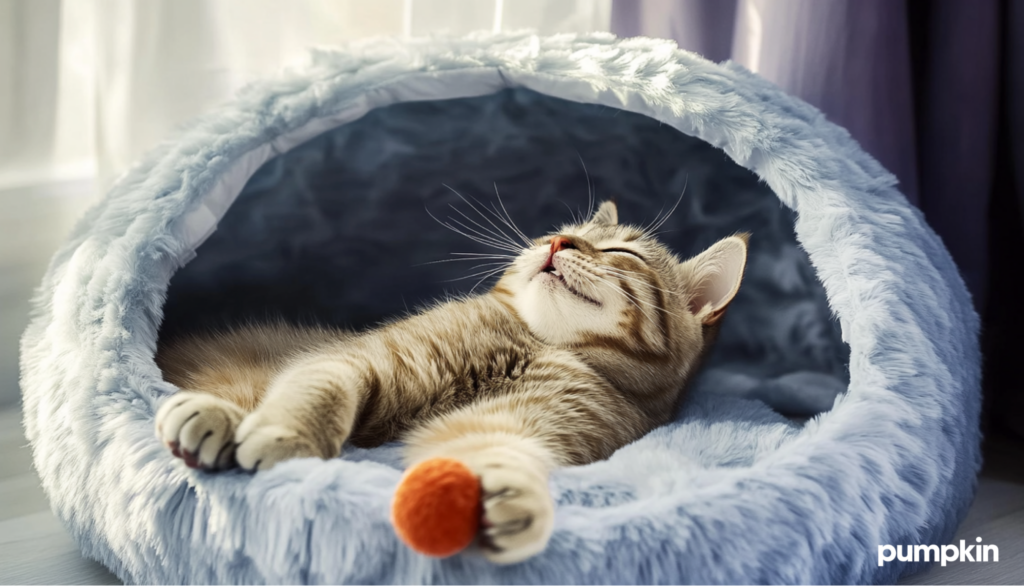 Indoor cat lying on a clean bed with a cat toy