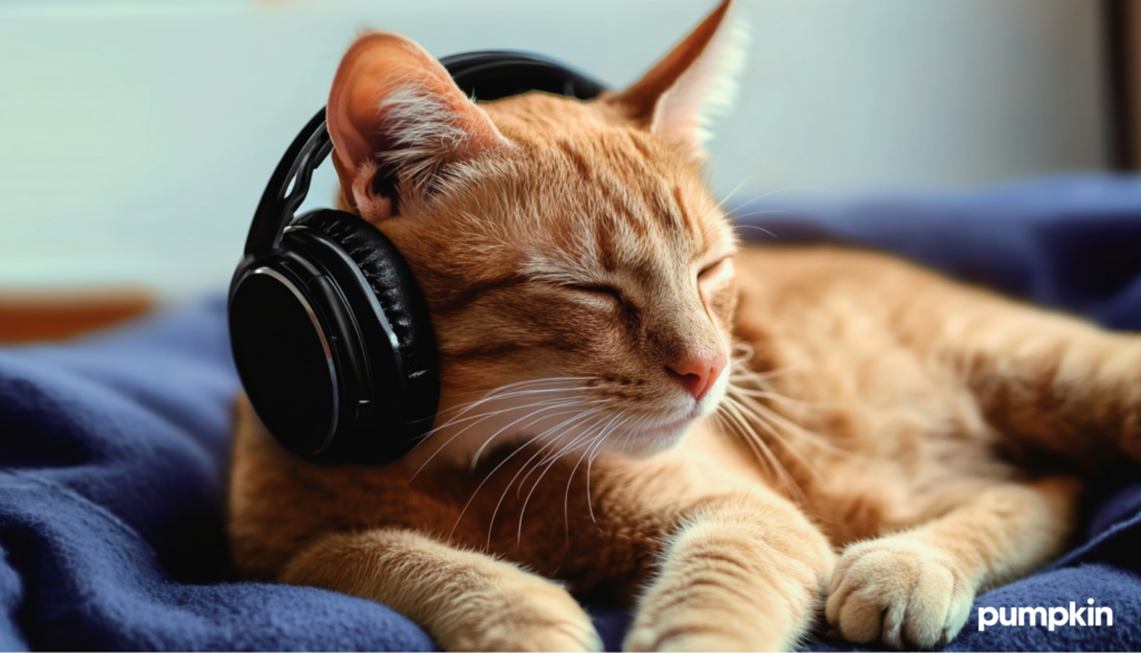 Cat relaxing while listening to headphones