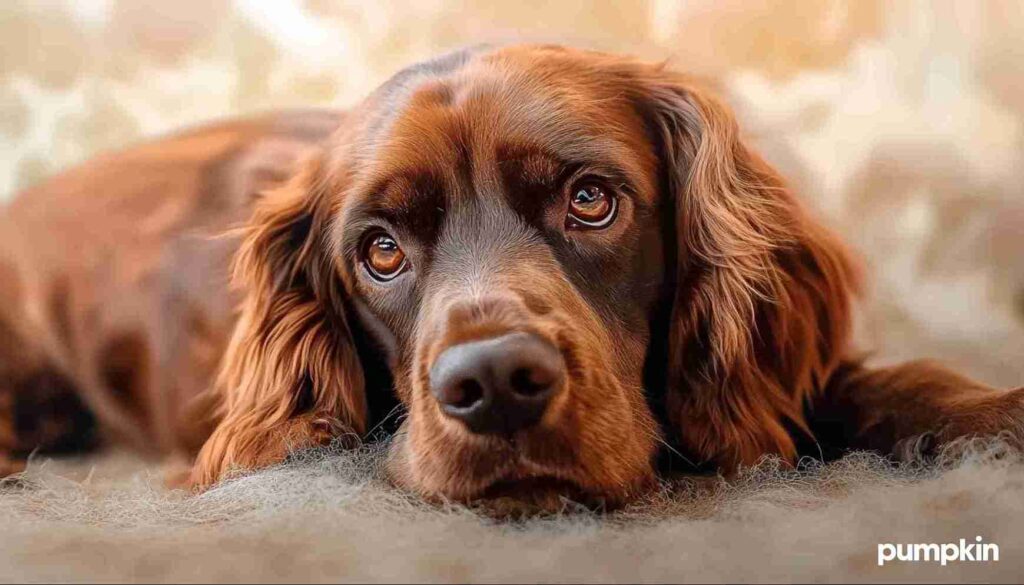 Sussex Spaniel laying on a carpet