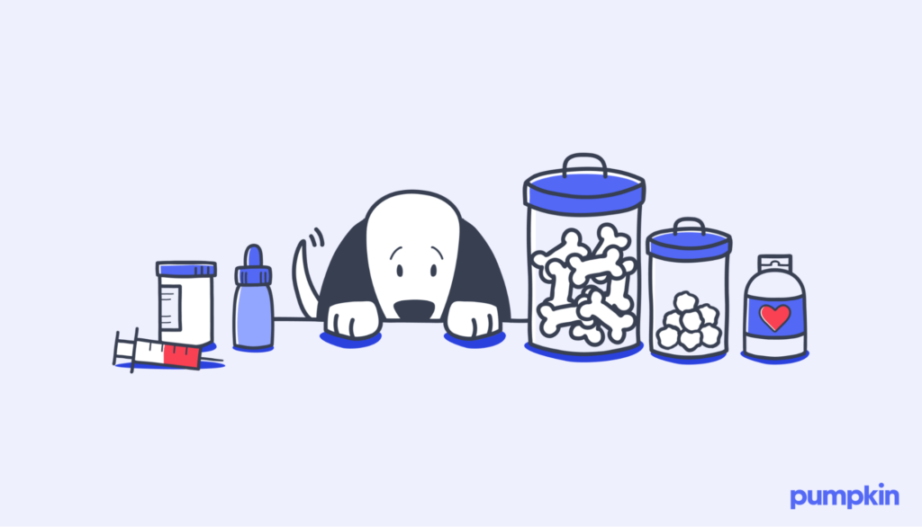 illustration of a dog at the vet's office surrounded by medical supplies