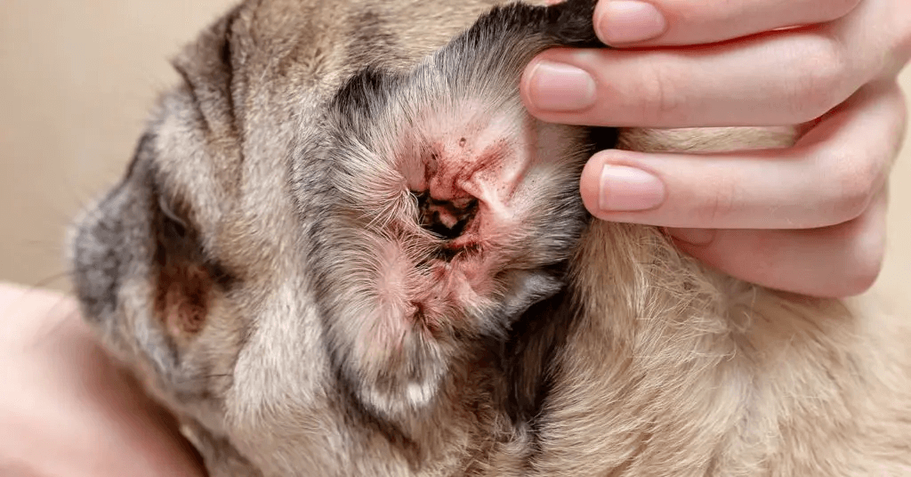 close-up view of yeast infection in a dog's inner ear