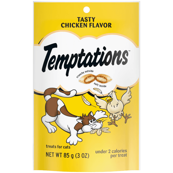 3 oz bag of Temptations Classic Cat Treats in tasty chicken flavor.