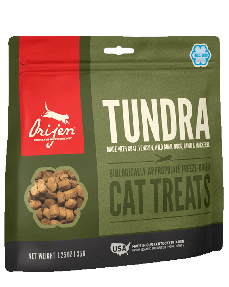 A 1.25 oz bag of Orijen Tundra Freeze-Dried Cat Treats